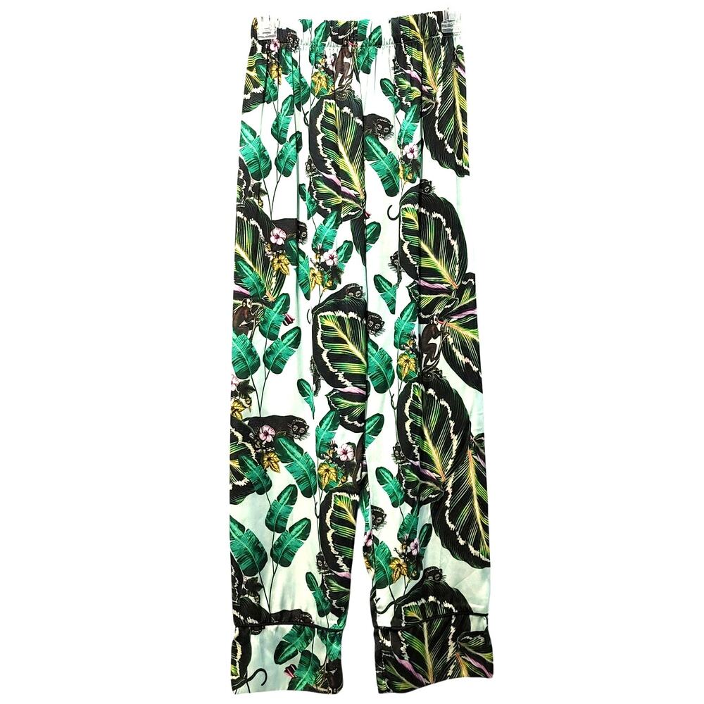 Lobo Rosa Tropical Satin Pant Green White Elastic Waist Wide Leg Womens Medium